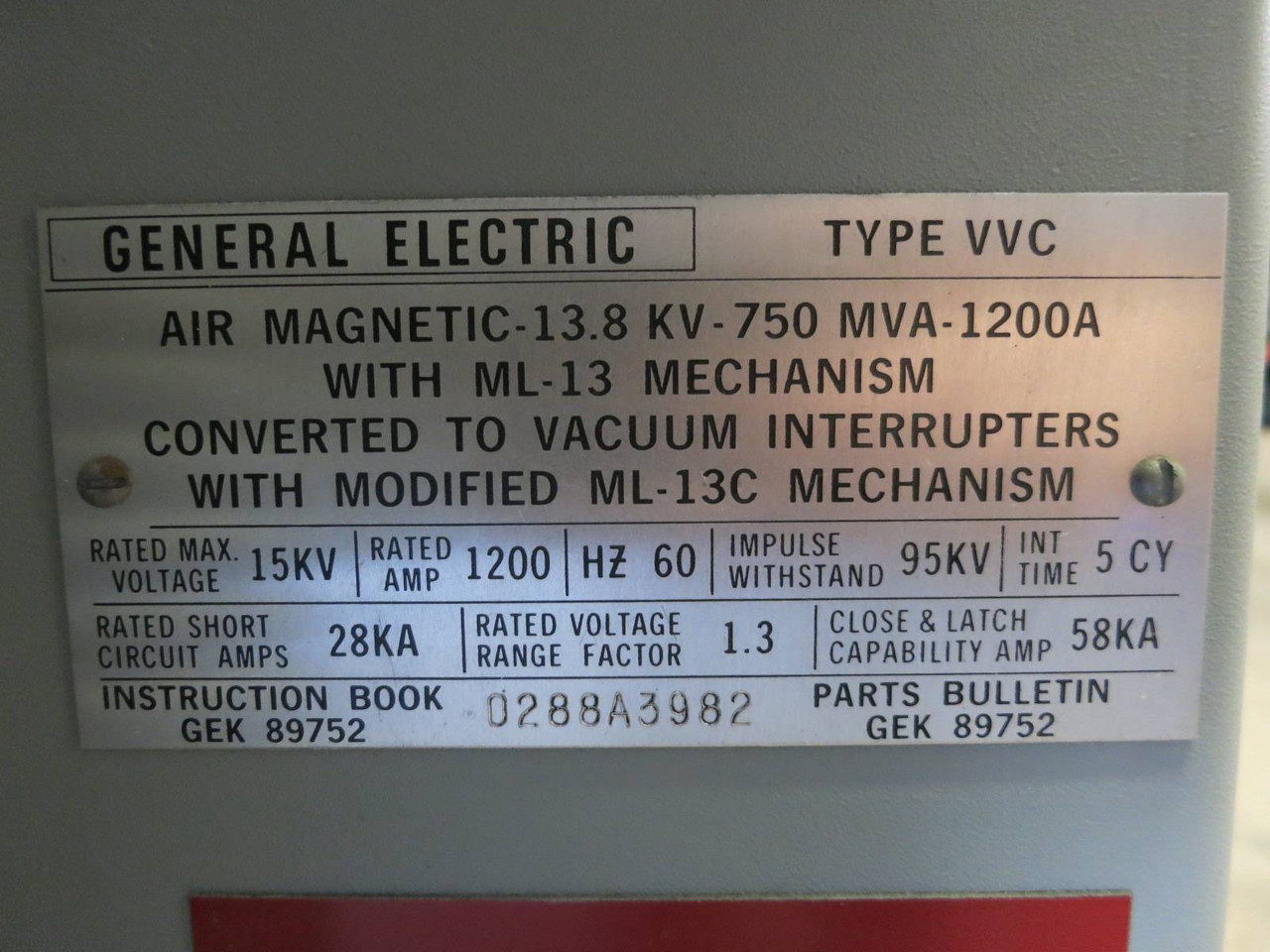 Vacuum Retrofit GE Magne-Blast AM-13.8-750-5H 1200A VVC Breaker